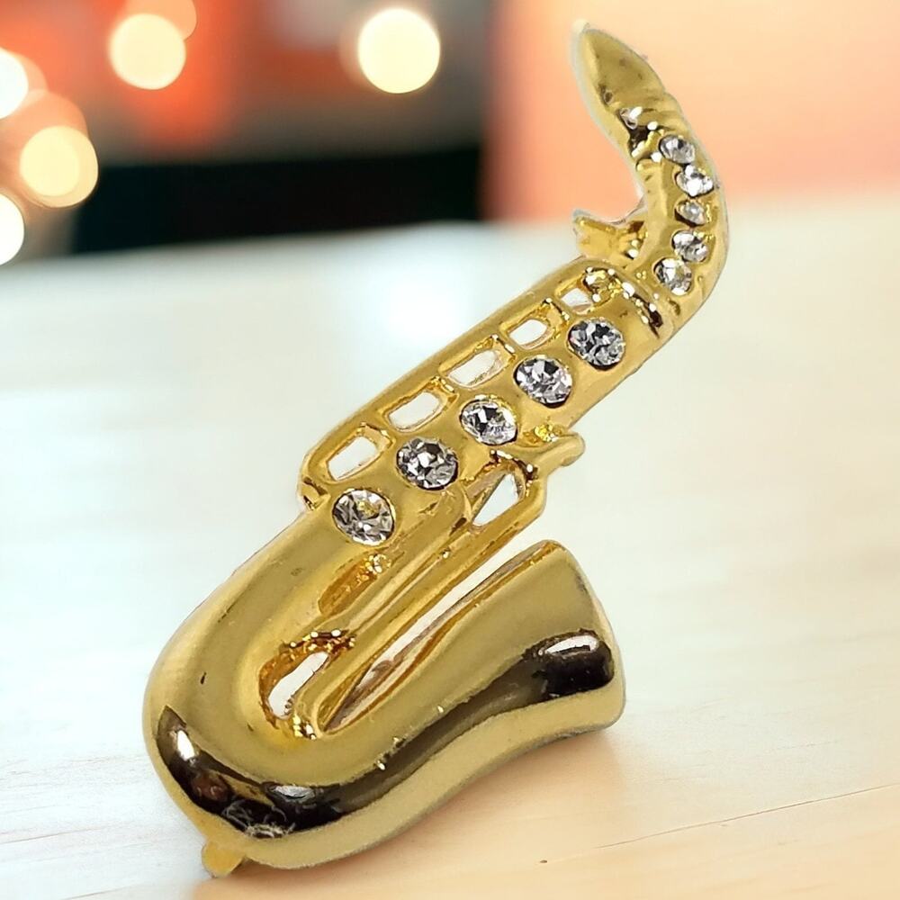 Vintage Goldtone Saxophone Brooch with Clear Rhinestones Music Pin